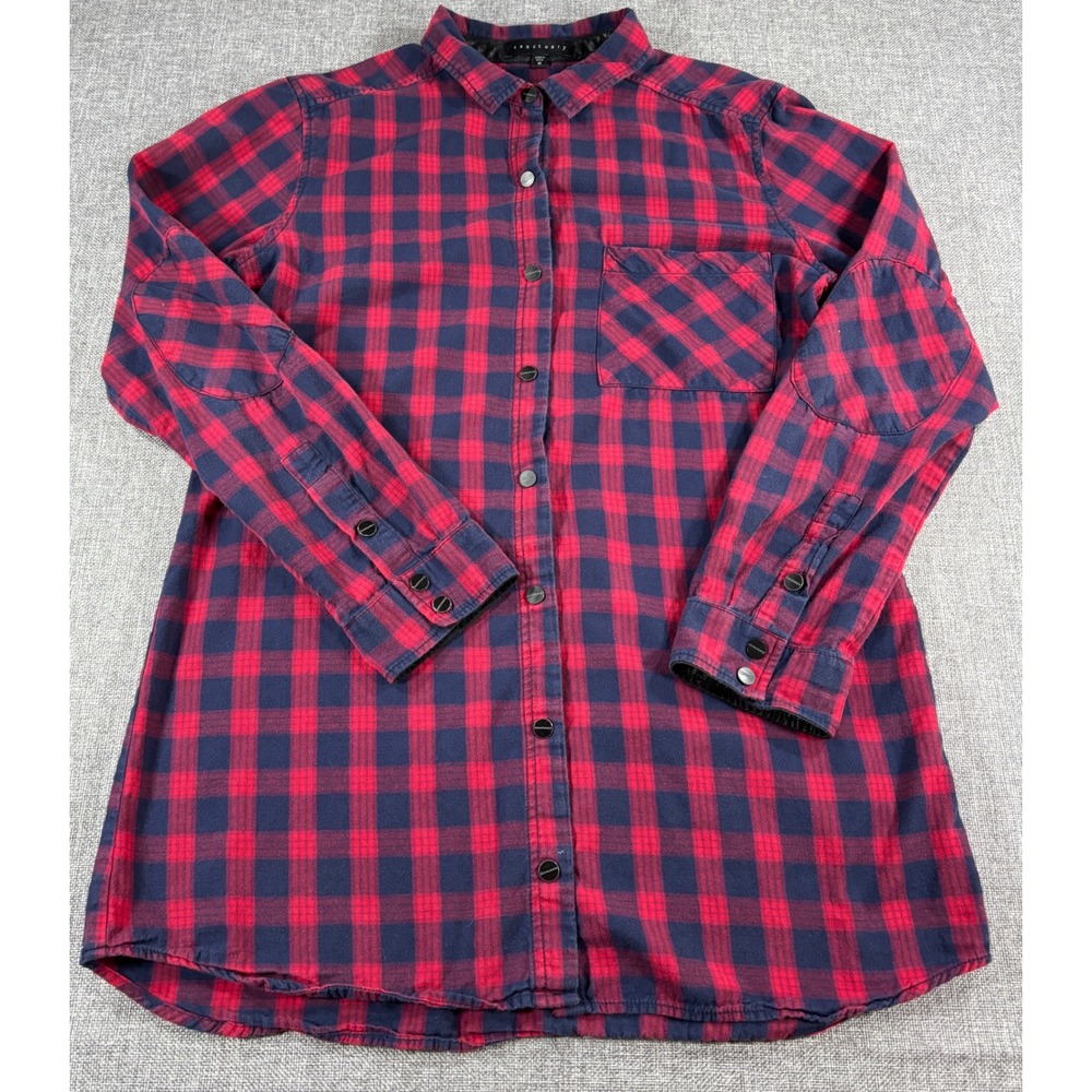 Sanctuary Mens M Plaid Flannel Button Down Shirt Red Navy Cotton Elbow Patch